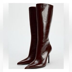 ZARA NEW WOMAN KNEE HIGH LEATHER STILETTO HEEL BOOTS BROWN EU 36/ US 6. 3003/410